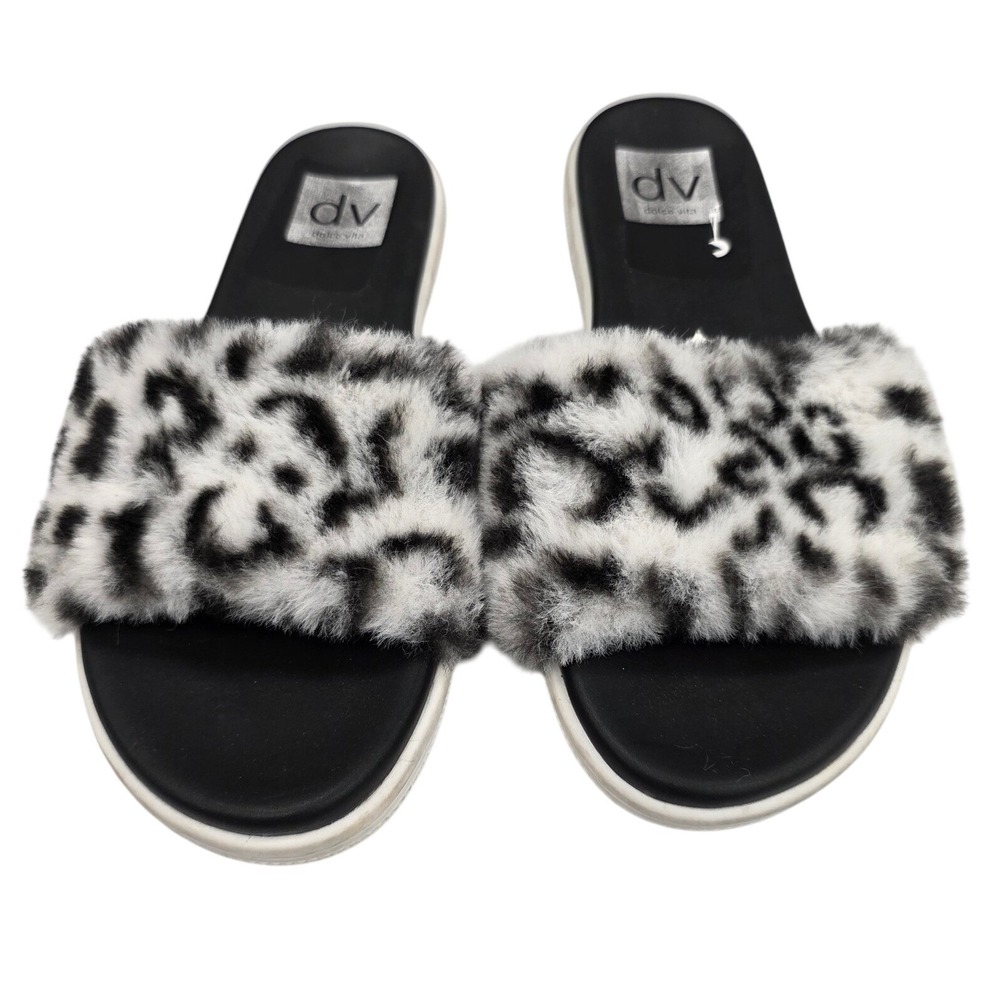 DV Dolce Vita Jinah Leopard Faux Fur Slide Sandals Grey Black Womens 7